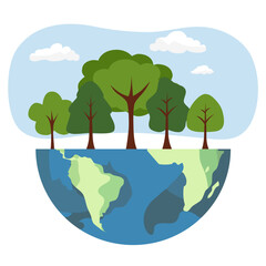 Ecology concept. People take care about planet. Protect nature. Earth day. Globe with plants and volunteer people. Vector illustration