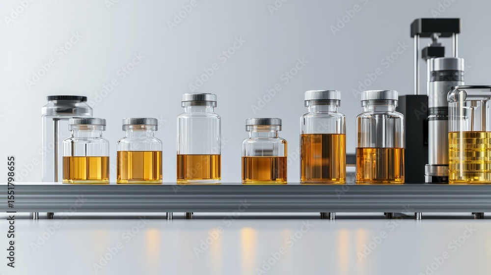 Poster 3d lineup of bottling machines with transparent containers on white background