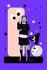 Trend artwork sketch design montage collage of young pupil girl hand gesture up eyeball psychedelic...