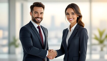 smiling business professionals shaking hands in office