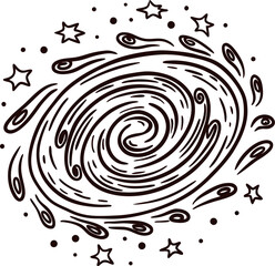 Spiraling galaxy with swirling lines, stars, and comets in hand drawn doodle isolated on white background
