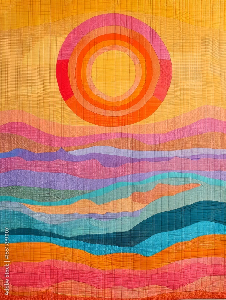 Poster abstract full-circle sun in centered over alternating stripes. below blocky design represents the la