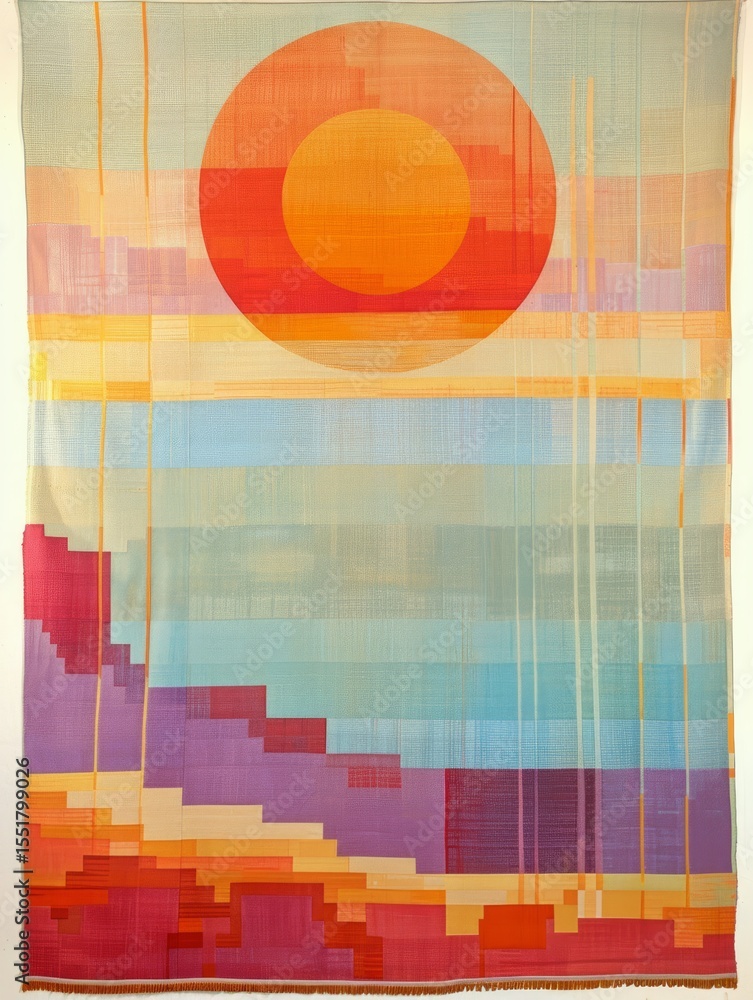 Poster abstract full-circle sun in centered over alternating stripes. below blocky design represents the la