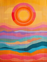 Obraz premium Abstract full-circle sun in centered over alternating stripes. Below blocky design represents the land, set against a bright background