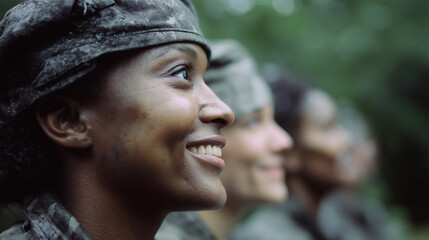 Unique perspective showcasing young military personnel expressing camaraderie in a forest environment during training exercises