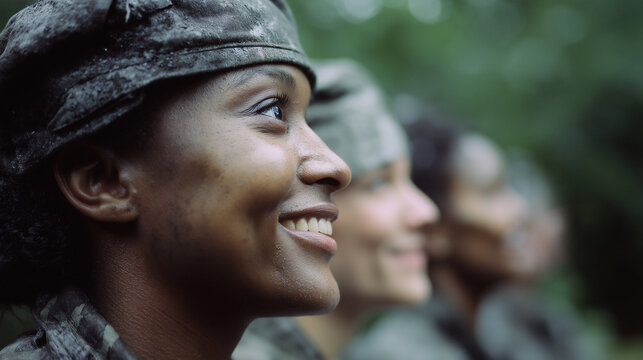 Unique perspective showcasing young military personnel expressing camaraderie in a forest environment during training exercises