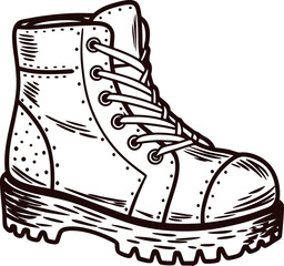 Vintage hand drawn illustration of rugged lace up hiking boot with thick tread sole isolated on white background