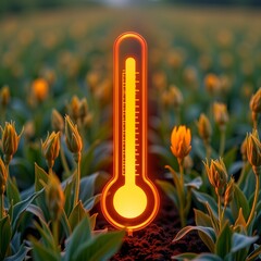 crops with thermometer and drought icons, climate alert farming system, visual metaphor, warm symbolic lighting — drought detection