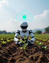farm robot planting seed with data cloud icon above, ai driven agriculture theme, symbolic photography, cinematic angle