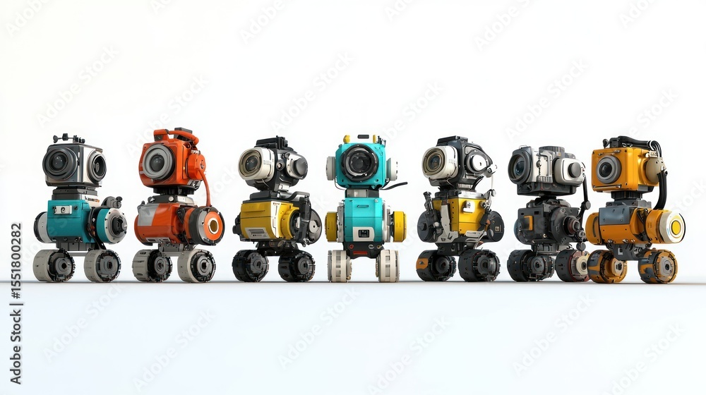 Poster 3d lineup of digital camera assembly robots on white background