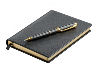 Black leather notebook with gold pen isolated on transparent background