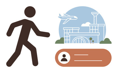 Person walking, airport background, airplane in the sky, ID badge. Ideal for travel, transportation, tourism, flight booking airport navigation identification and mobility concepts. Simple flat