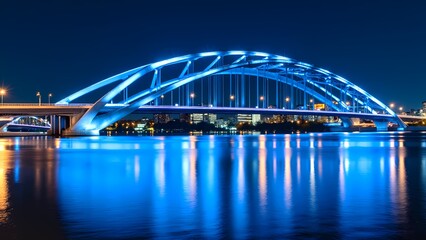 Naklejka premium Modern Illuminated Bridge at Night with Water Reflection.
