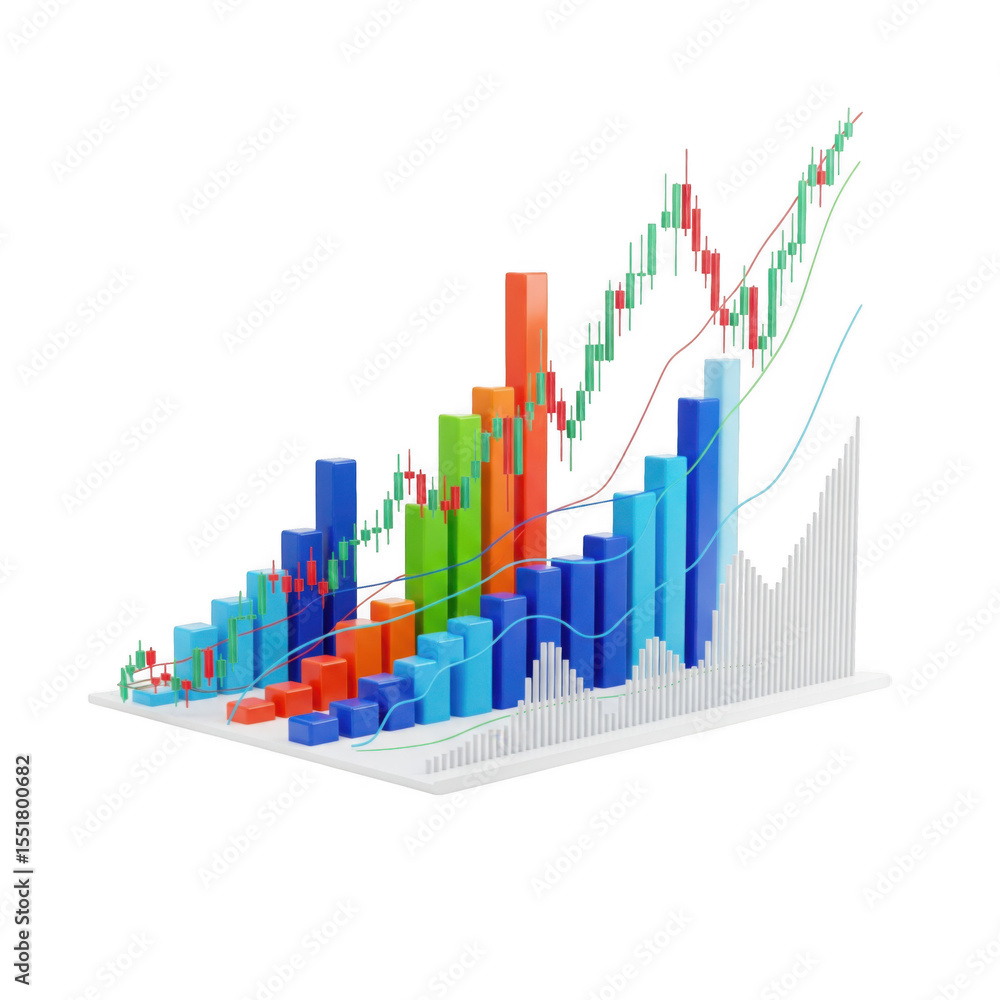 Poster abstract financial growth visualization with candlestick charts and colorful columns