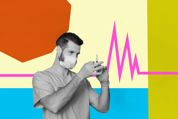 Composite artwork photo collage trend template of happy doctor young woman man cardiologist stand...