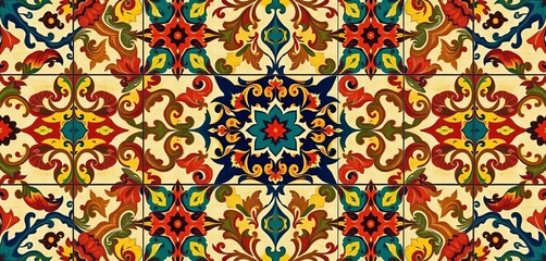 Intricate geometric damask floral patchwork, vintage tile style digital design, vector, design