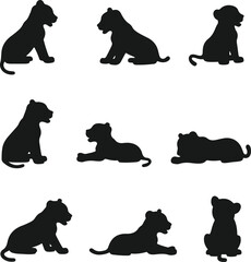 Collection of nine black silhouette illustrations of a lion cub in various sitting and lying poses