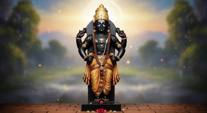 Black Stone Lord Vitthal Murti in Pandharpur Mandir &ndash; Vitthal Rukmini Idol Temple Image | Hindu God Vithoba Photo for Spiritual Use