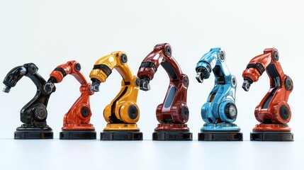 3D lineup of high-speed soldering robots on white background