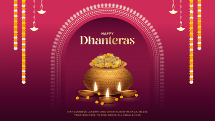 Happy Dhanteras - poster template design with gold coin in pot and decorative diya lamp. Vibrant Dhanteras festival design featuring gold coins.