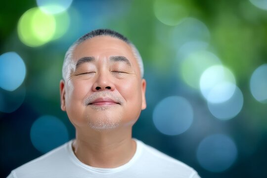 A 40-year-old man wearing a sporty polo shirt is photographed in a medium shot portrait, as he practices mindfulness and sophrology techniques for relaxation, with the background of a monastery or