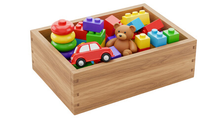 Realistic 3D Rendering of Colorful Toys in Wooden Box With Transparent Background