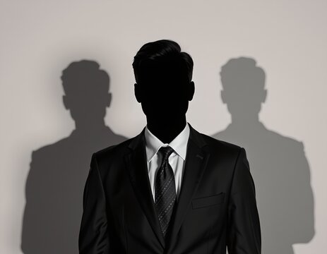 shadow figures behind a man in a suit with blacked out face