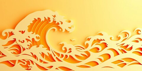 Intricate paper cut design of swirling golden waves, abstract ocean,   background, golden