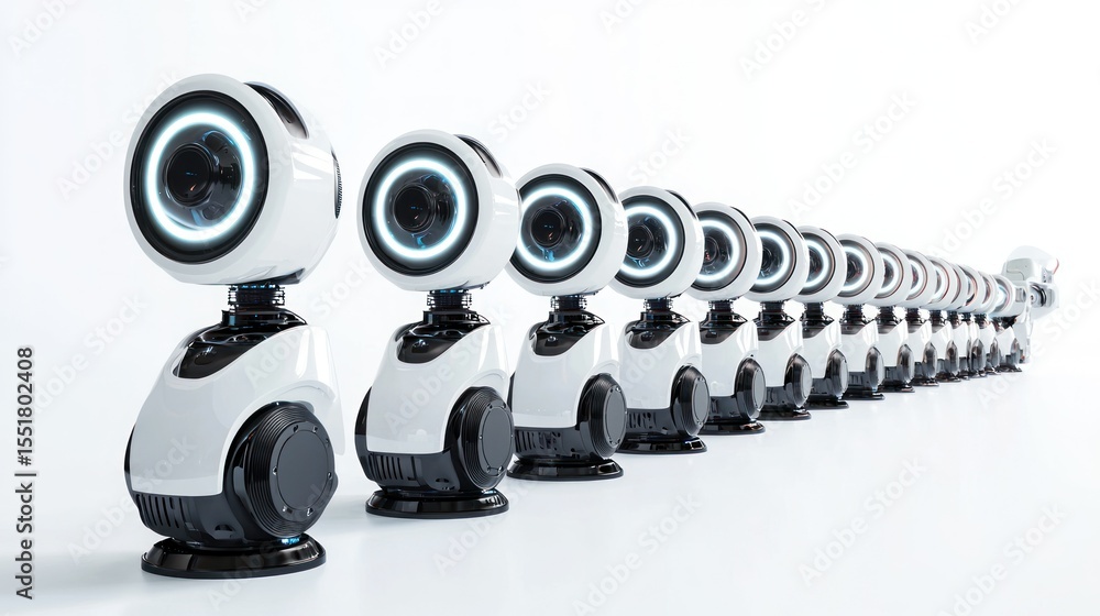 Poster 3d lineup of led light assembly line robots on white background