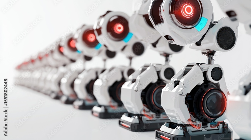 Poster 3d lineup of led light assembly line robots on white background