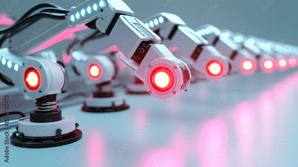 Poster 3d lineup of led light assembly line robots on white background