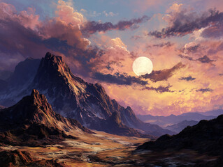 Surreal mountain landscape at dusk with full moon and dramatic clouds, AI generation