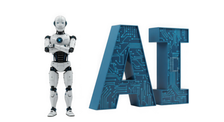 White robot standing next to a blue ai text on a transparent background image