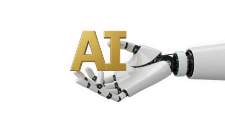 Golden ai letters held by a white robot hand against a transparent background view