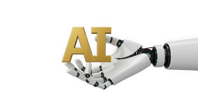 Golden ai letters held by a white robot hand against a transparent background view