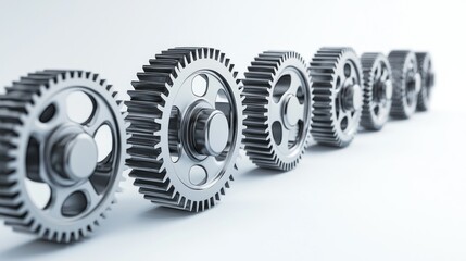 3D lineup of mechanical gears in synchronized motion on white background