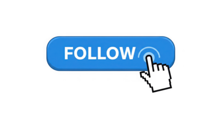 Hand cursor clicking a blue follow button on a transparent background graphic art