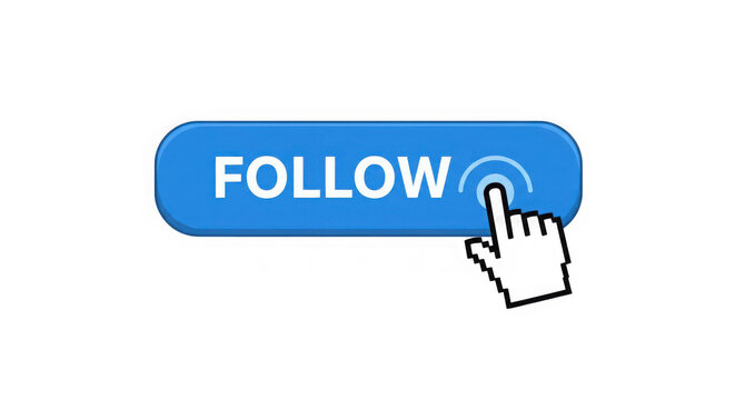 Hand cursor clicking a blue follow button on a transparent background graphic art