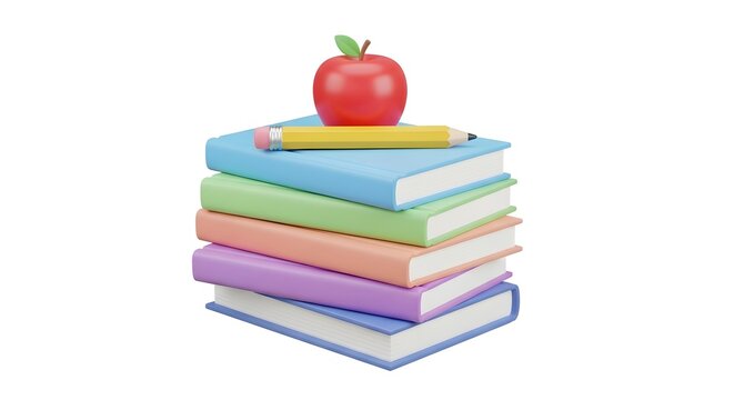 Colorful Stack of Books with Red Apple and Yellow Pencil - Education Still Life