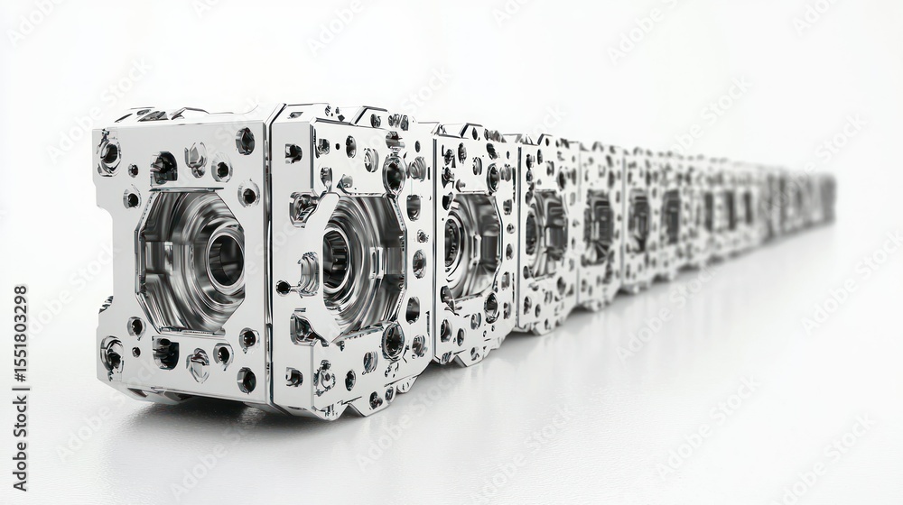 Poster 3d lineup of modular production blocks in motion on white background