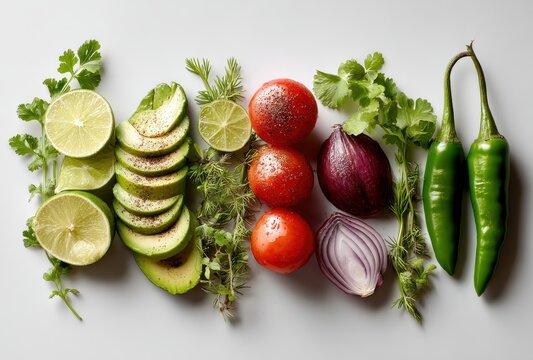 Fresh and Colorful Ingredients for a Healthy Meal with Avocado, Tomato, Onion, Lime, Cilantro, and Green Chili on a Clean White Background