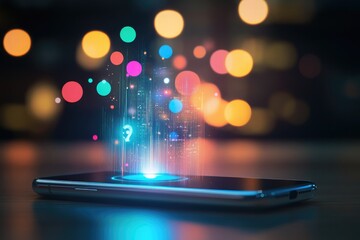 Smartphone displaying a vibrant holographic projection of data streams and colorful bokeh lights