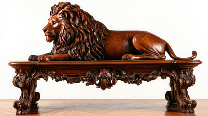 Intricate Carved Wooden Lion Sculpture on Decorative Table