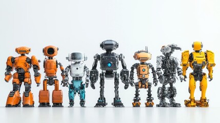 3D lineup of plastic recycling production robots on white background