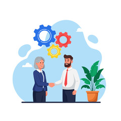 A businesswoman and a businessman shaking hands with gears and a soccer ball in the background