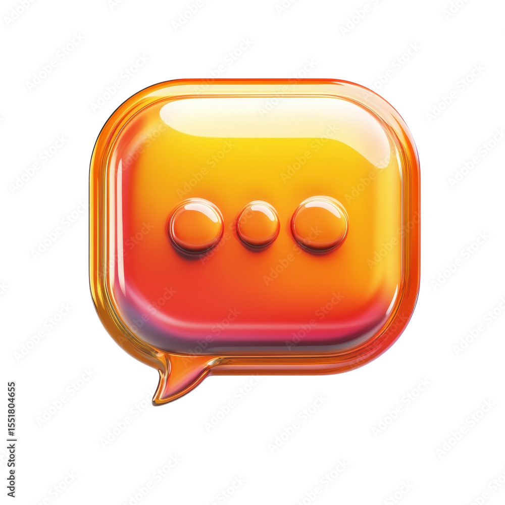 Poster shiny orange message bubble icon with loading dots on black communication on transparent background