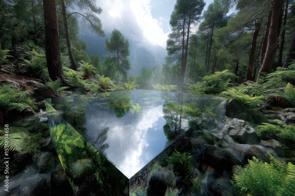 Aufkleber reflective crystal structure in a serene forest setting during daylight hours