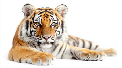 Fototapeta premium Majestic Tiger Resting on White Background, Stunning Facial Features