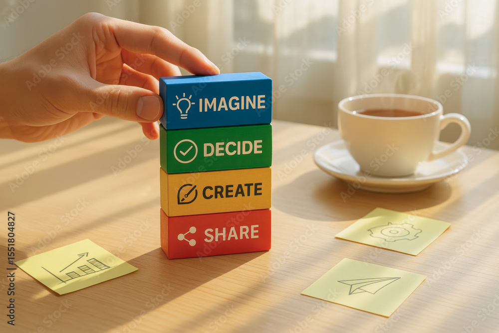 Poster a strategic process unfolds as hands stack colorful blocks symbolizing imagination decision-making c