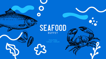 Sketch vintage seafood collage. Hand drawn vector illustration background. Salmon, crab, oysters set